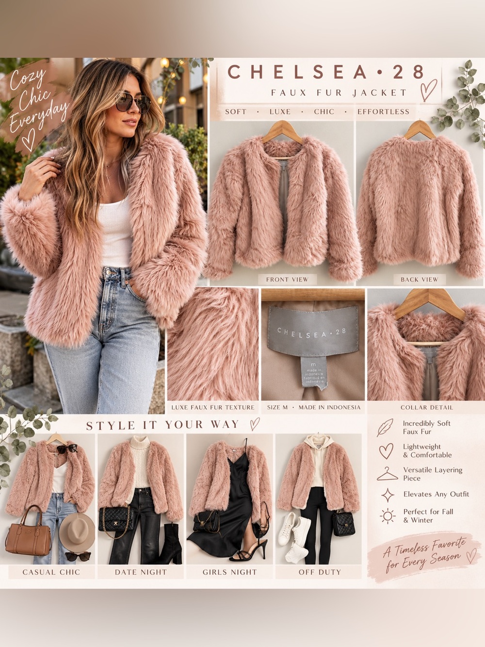 Pristine CHELSEA • 28 Blush Pink Faux Fur Jacket – Size M 💕Cozy • Chic • Luxe